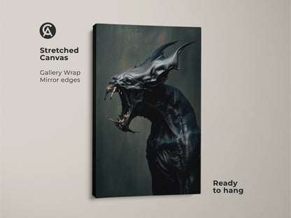 Stretched canvas print. Gallery-wrapped monster artwork with mirror edges. Ready to hang. A unique piece of horror art for your home. The canvas is great for a gallery wall.