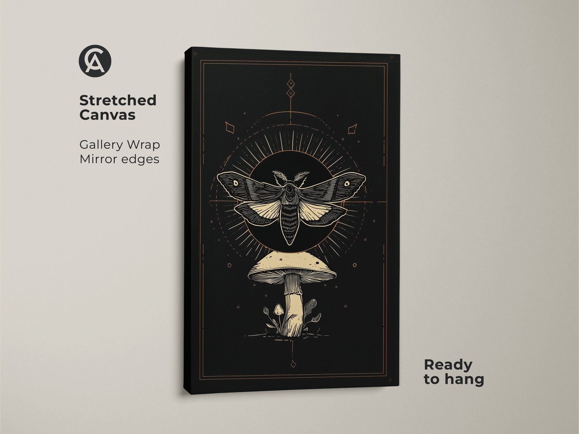 Stretched canvas gallery wrap featuring a Gothic moth wall art. This dark academia art print showcases occult mushroom decor and celestial insect art. The black cream gold art is ready to hang. Perfect for a study room or witchy aesthetic decor.