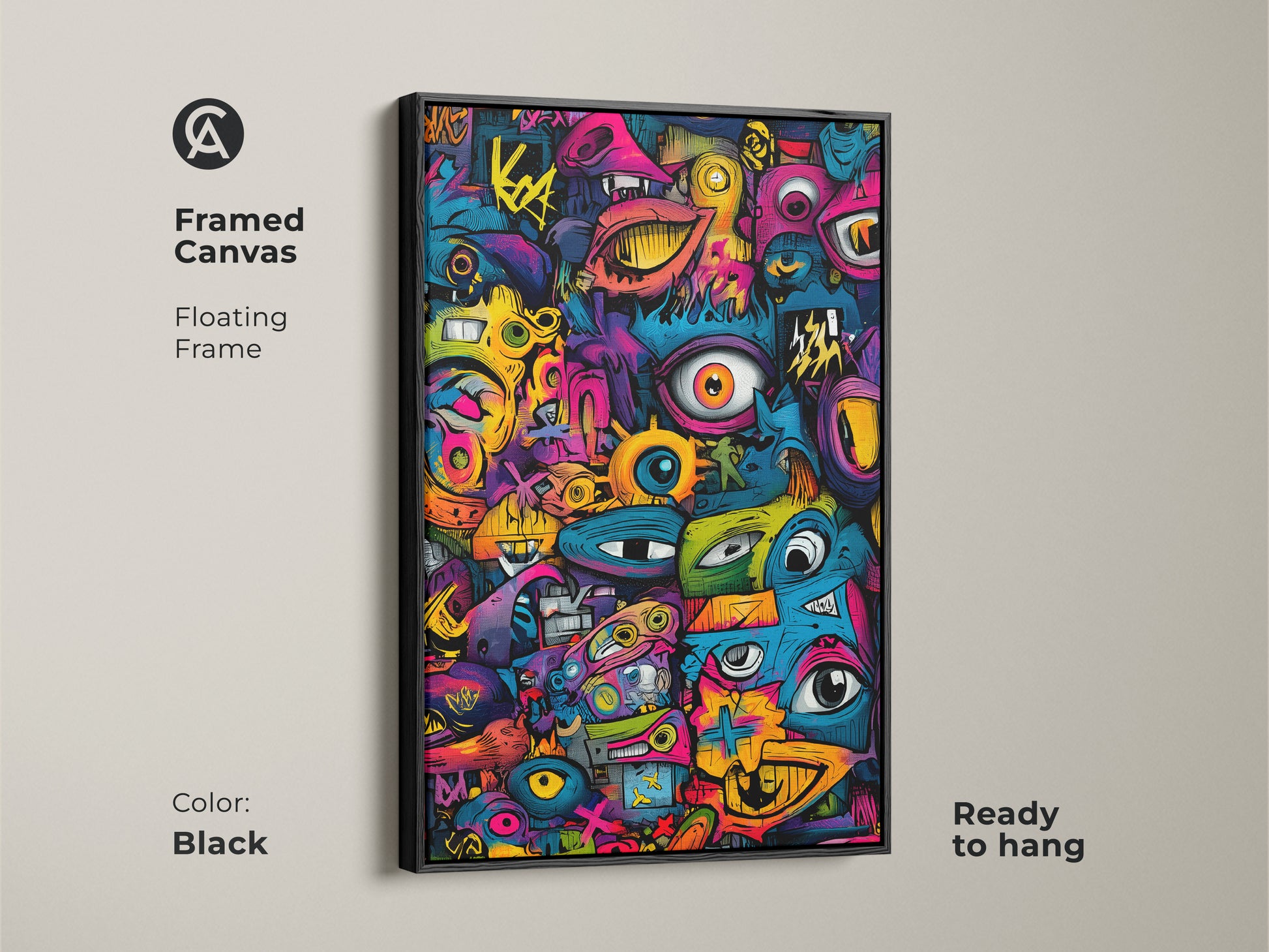 Black Framed Canvas Graffiti Pop Art. This artwork features a vibrant graffiti style. The floating frame adds a touch of sophistication. Ready to hang and instantly elevate your space. Buy now and enjoy this eye-catching piece!