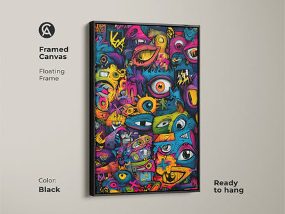 Black Framed Canvas Graffiti Pop Art. This artwork features a vibrant graffiti style. The floating frame adds a touch of sophistication. Ready to hang and instantly elevate your space. Buy now and enjoy this eye-catching piece!