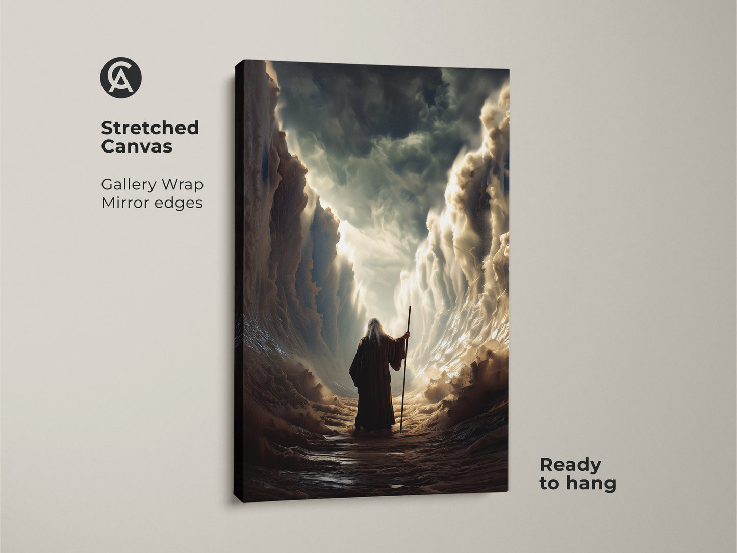 Elevate your space with this stunning stretched canvas print of Moses parting the Red Sea. The gallery wrap and mirror edges create a seamless look. Ready to hang it instantly adds a touch of faith and history to your eclectic home decor.