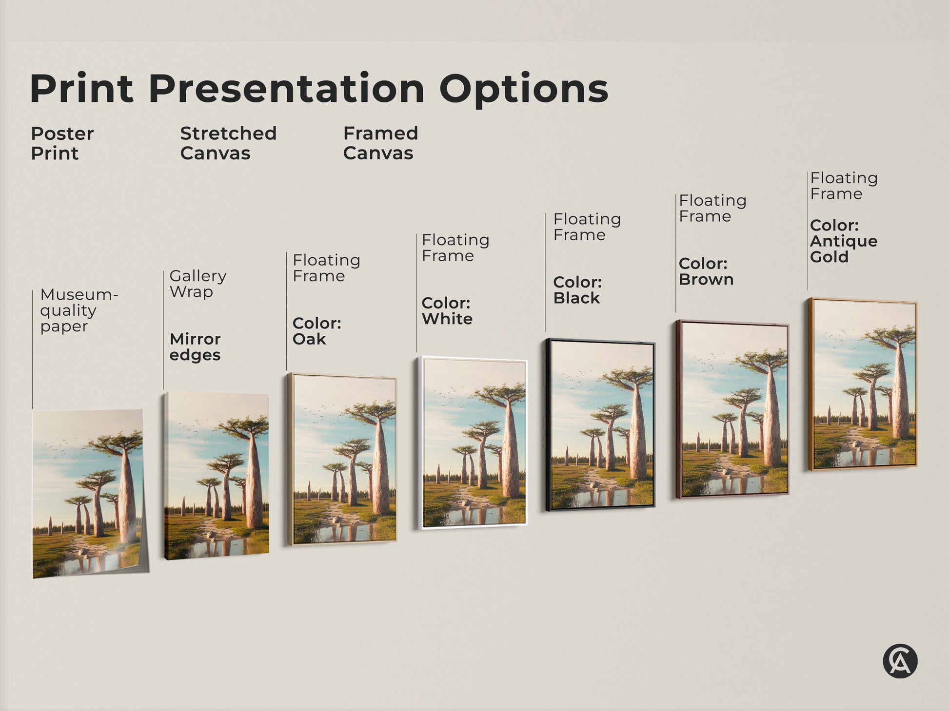 Print presentation options including poster stretched and framed canvas. Frame colors include oak white black brown and antique gold. Showcase the baobab tree artwork and savanna landscape for home decor.