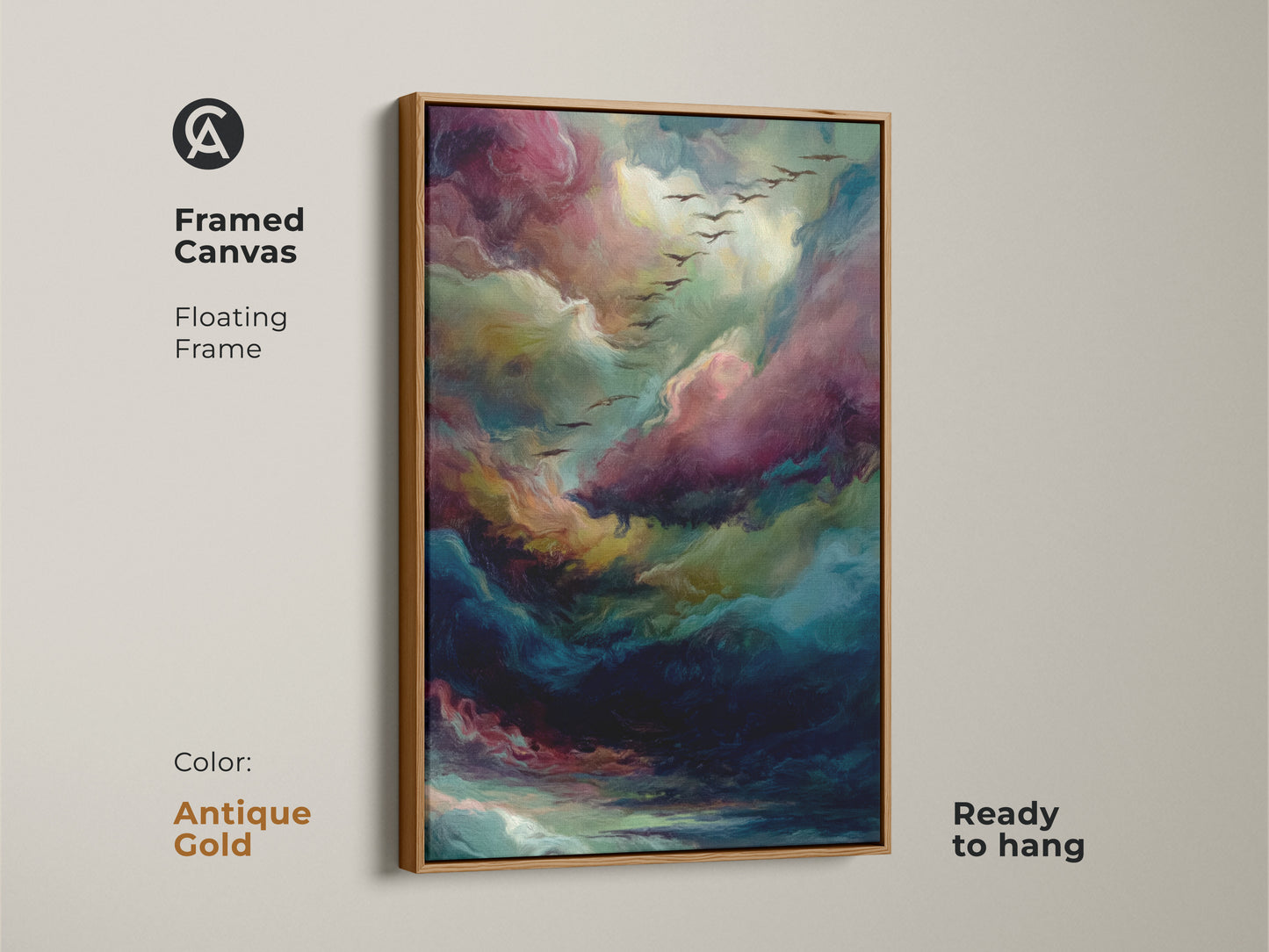 Framed canvas displaying colorful cloud art. The floating frame is an antique gold. It's a ready to hang piece. Ideal for adding sophistication to any room. The painting includes birds flying.