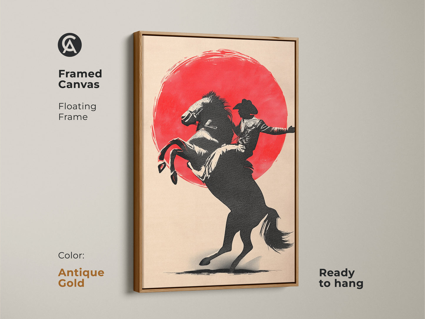 Framed cowboy on horse canvas art in a floating antique gold frame. This western rodeo sunset art is minimalist. A farmhouse wall decor that makes a wonderful gift. A great art piece for cowboy enthusiasts. Ready to hang.