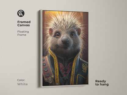 White framed canvas art of a steampunk hedgehog. This Victorian animal portrait features a floating frame. It is ready to hang and will elevate your space today.