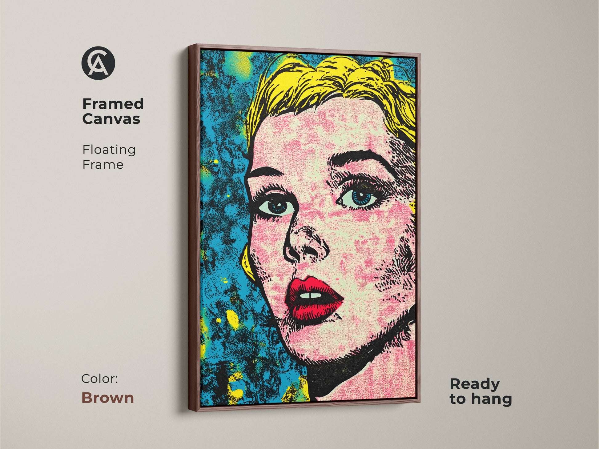 Framed canvas showcasing a pop art portrait with a brown floating frame. The warm tones of the frame complement the artwork. This ready-to-hang piece brings elegance. It enhances any space.