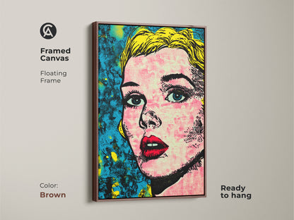 Framed canvas showcasing a pop art portrait with a brown floating frame. The warm tones of the frame complement the artwork. This ready-to-hang piece brings elegance. It enhances any space.