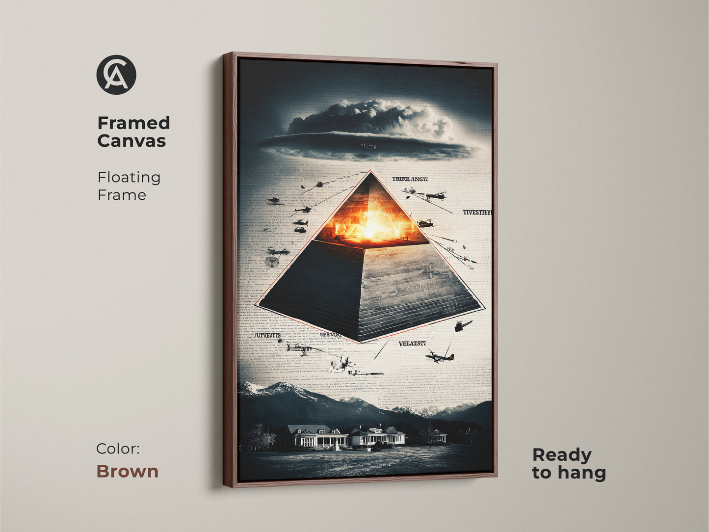 Framed in brown this canvas artwork features a surreal pyramid & aircraft. This floating frame enhances the conceptual art style. The artwork is rich in symbolism & themes of history & conspiracy. The deep blue orange & gray palette brings artistic depth. A unique gift for conspiracy theorists office wall decor.