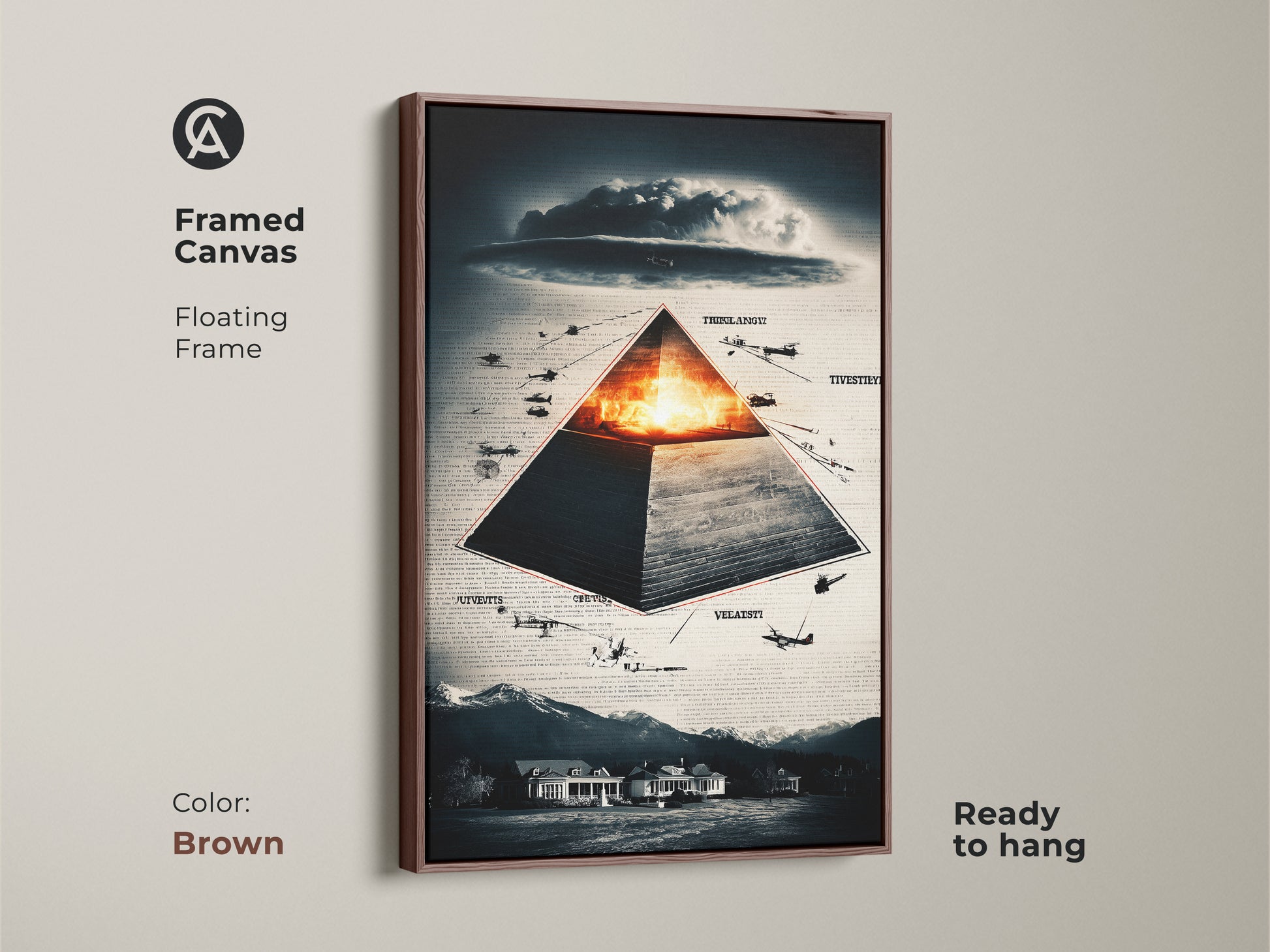 Framed in brown this canvas artwork features a surreal pyramid & aircraft. This floating frame enhances the conceptual art style. The artwork is rich in symbolism & themes of history & conspiracy. The deep blue orange & gray palette brings artistic depth. A unique gift for conspiracy theorists office wall decor.