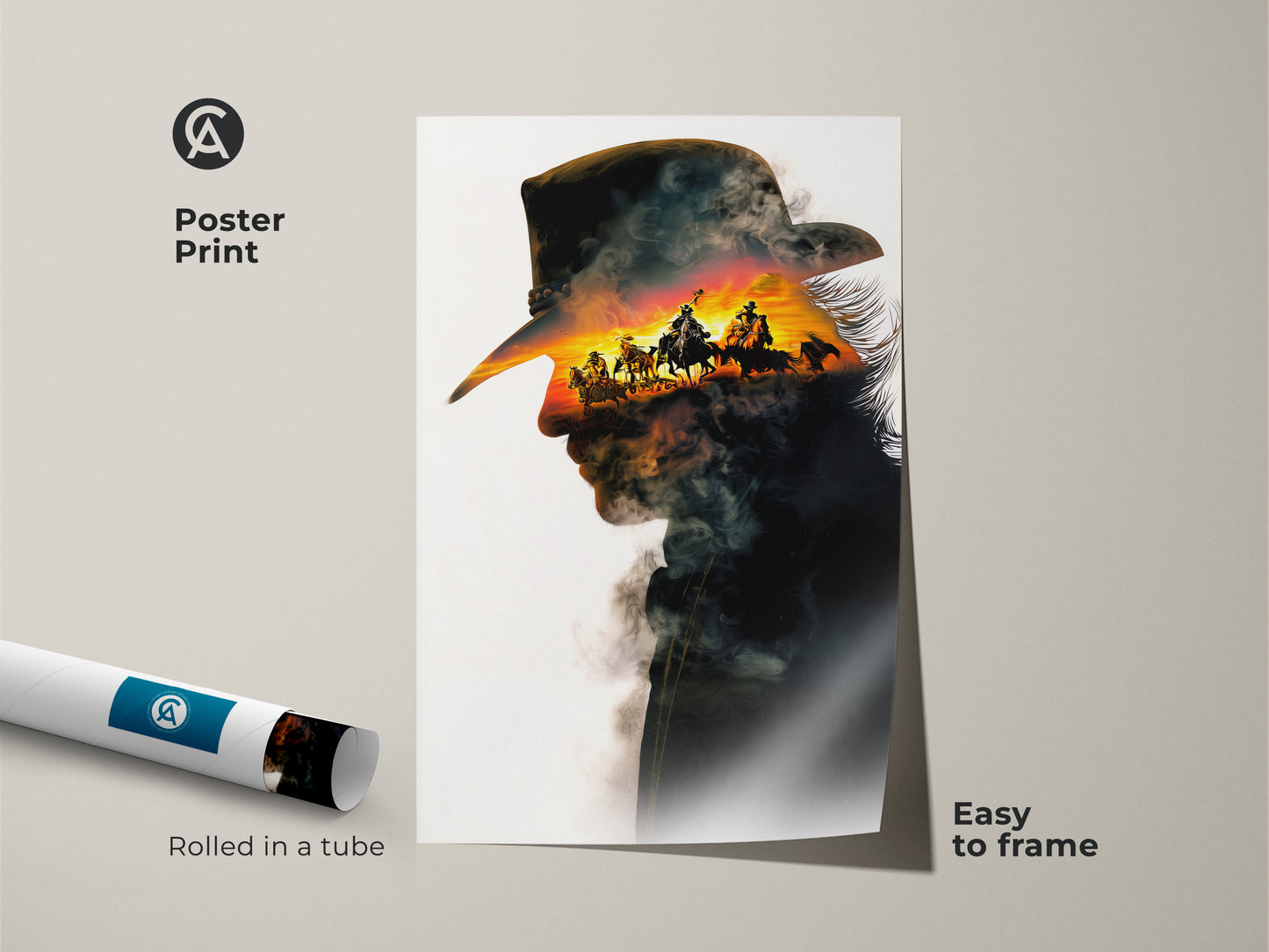 This poster print features rustic western sunset horseback riding art. A unique double exposure art print shows a cowboy silhouette filled with a vibrant sunset scene. Easy to frame this adventure theme artwork is perfect as western home decor or a gift for cowboy fans.