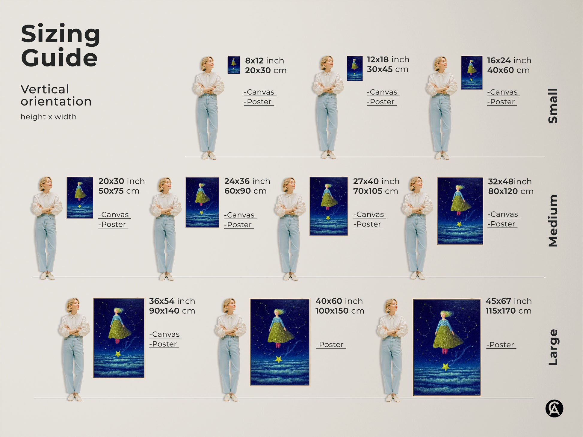 Sizing guide showcasing the vertical orientation of the celestial girl art print. Available as canvas or poster in sizes from 8x12 to 45x67 inches. Find the perfect fit for your space with this fantasy art dreamscape wall decor. Ideal for a boho nursery or kids room.