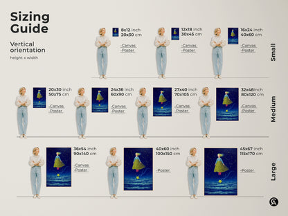 Sizing guide showcasing the vertical orientation of the celestial girl art print. Available as canvas or poster in sizes from 8x12 to 45x67 inches. Find the perfect fit for your space with this fantasy art dreamscape wall decor. Ideal for a boho nursery or kids room.