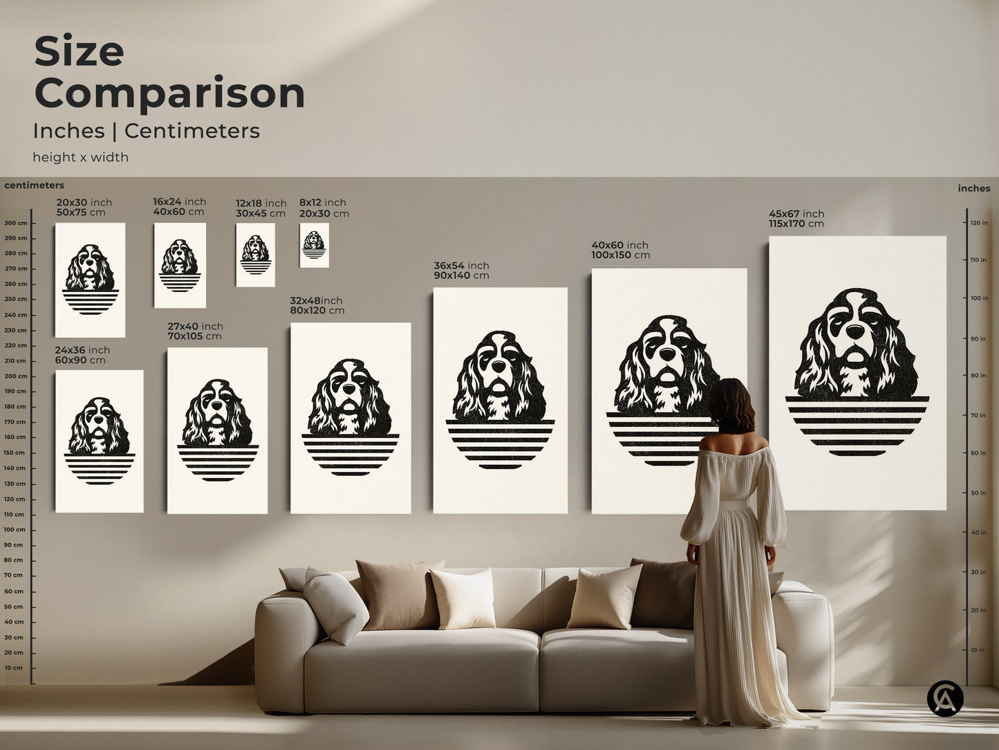 Size comparison of Cavalier King Charles Spaniel art prints. The image showcases a variety of sizes displayed above a sofa. See how the minimalist dog line art fits in a living space. Choose the perfect scale.