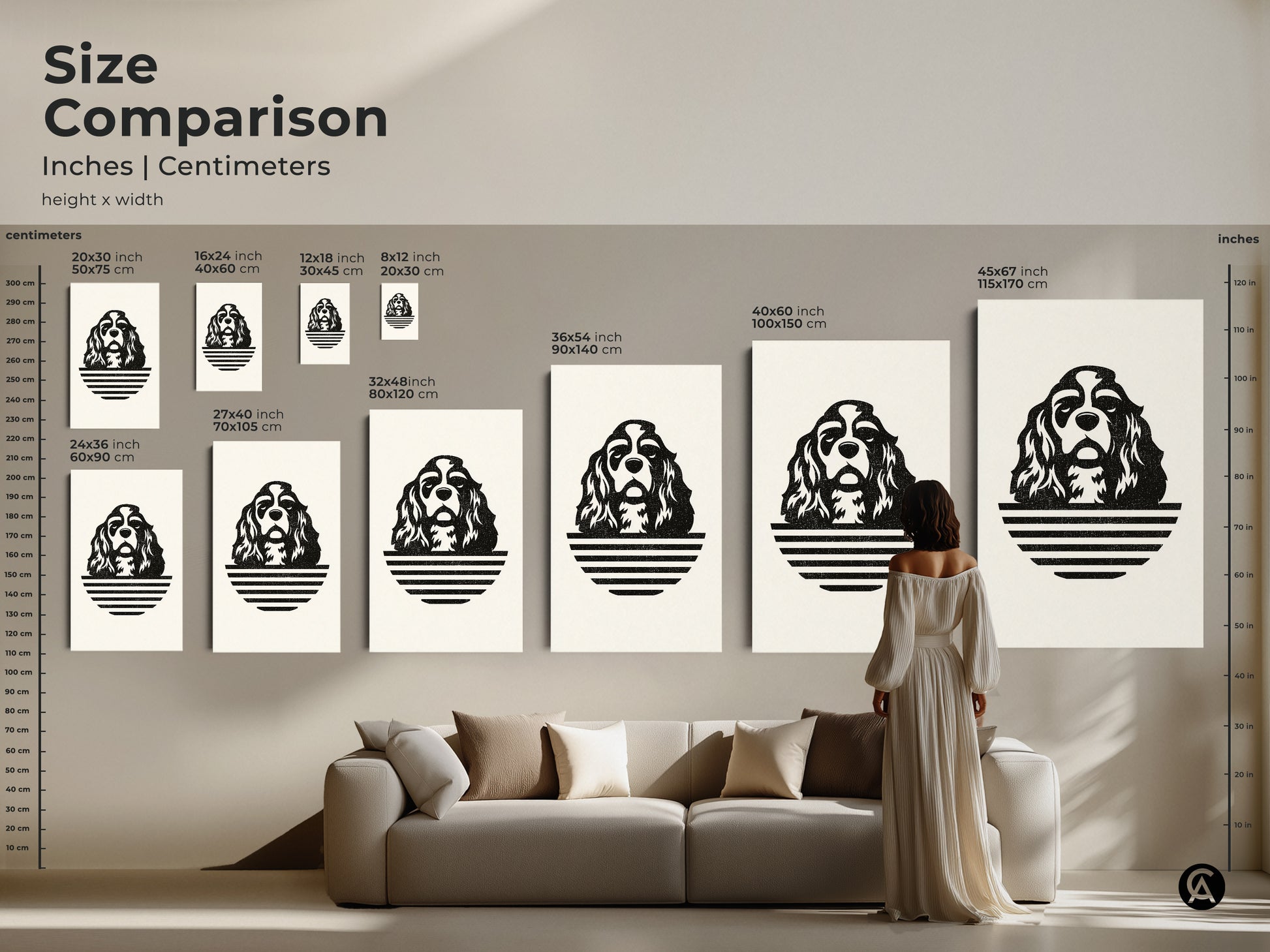 Size comparison of Cavalier King Charles Spaniel art prints. The image showcases a variety of sizes displayed above a sofa. See how the minimalist dog line art fits in a living space. Choose the perfect scale.