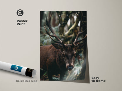 This poster print features a deer in its forest habitat. The wildlife photography art is easy to frame. It arrives rolled in a tube. The artwork is ideal for rustic home decor. Its dark brown and green tones create a natural feel. It makes a thoughtful gift for outdoor enthusiasts.
