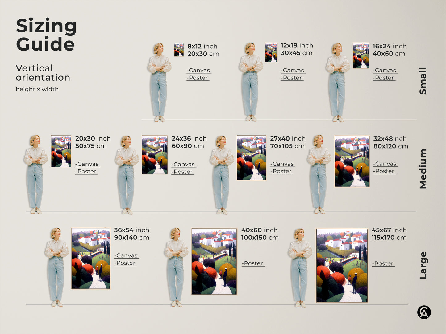 Sizing guide for vertical folk art village canvas and poster prints. Available in small medium and large sizes. Find the perfect fit for your space with this eclectic landscape art.
