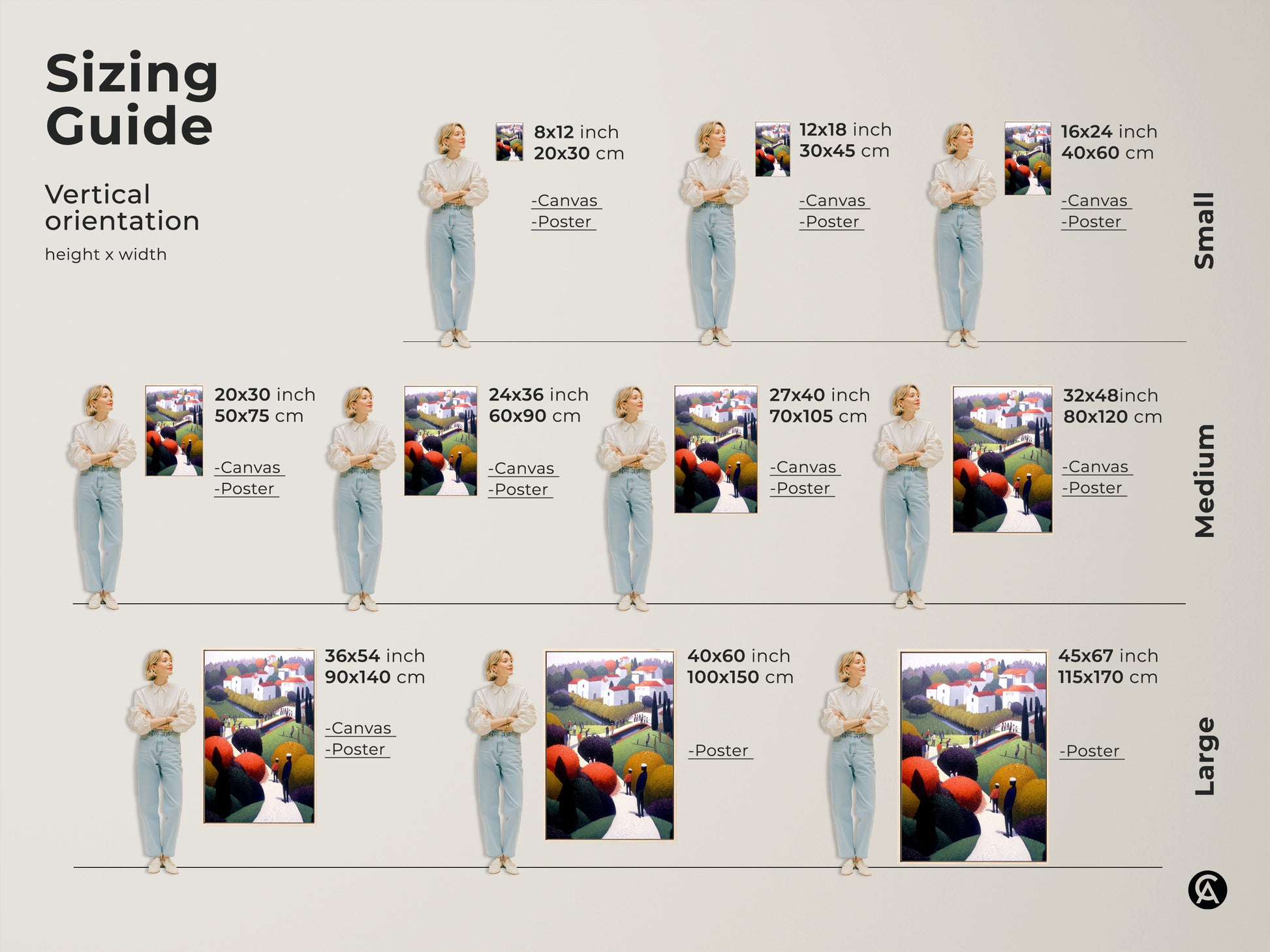 Sizing guide for vertical folk art village canvas and poster prints. Available in small medium and large sizes. Find the perfect fit for your space with this eclectic landscape art.