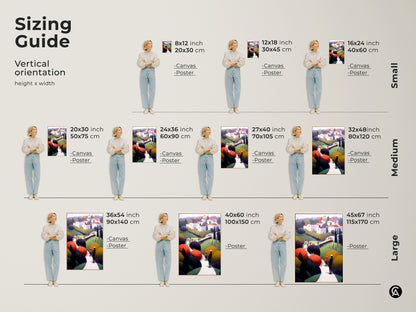 Sizing guide for vertical folk art village canvas and poster prints. Available in small medium and large sizes. Find the perfect fit for your space with this eclectic landscape art.