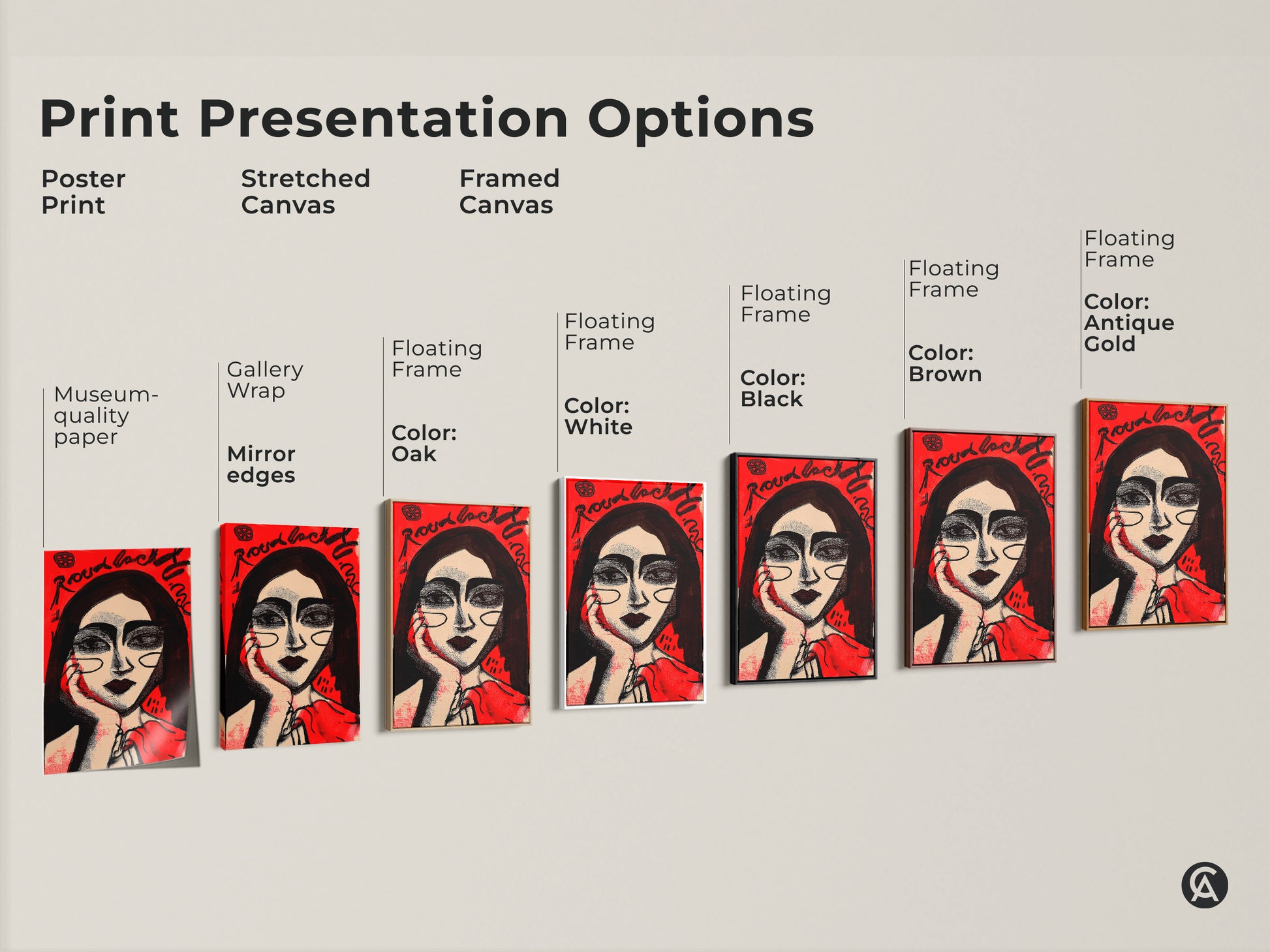 Print presentation options for a modern portrait painting. Choose from poster stretched or framed canvas. Featuring museum-quality paper gallery wrap and floating frames. This artwork suits any style. Find the perfect art for your home.