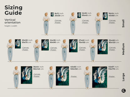 Sizing guide for the vertical speedboat art print. View canvas and poster options in small medium and large sizes. This aerial artwork captures a speedboat on a deep teal ocean. Perfect modern nautical decor for any space. Find the ideal fit for your contemporary home.
