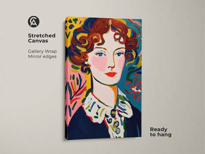 Stretched canvas print featuring a portrait of a woman. The gallery wrap has mirrored edges for a clean modern look. This colorful artwork is ready to hang. It will add a touch of sophistication to any room.