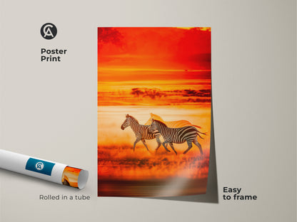 Poster print of zebra artwork rolled in a tube. This sunset savanna art is easy to frame. The warm orange gold adds vibrant color. Perfect as nature inspired art for your residential wall.
