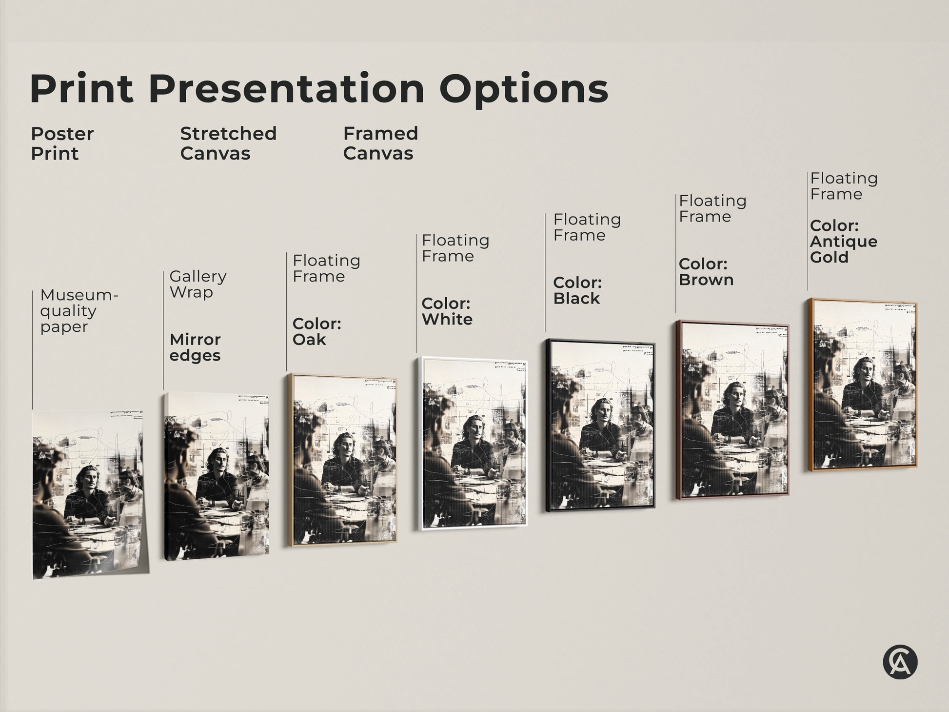 Explore print presentation options for this abstract monochrome people artwork. Choose from poster stretched canvas or framed canvas. Find the perfect contemporary office wall decor. Each option showcases the business meeting sketch with museum-quality detail.