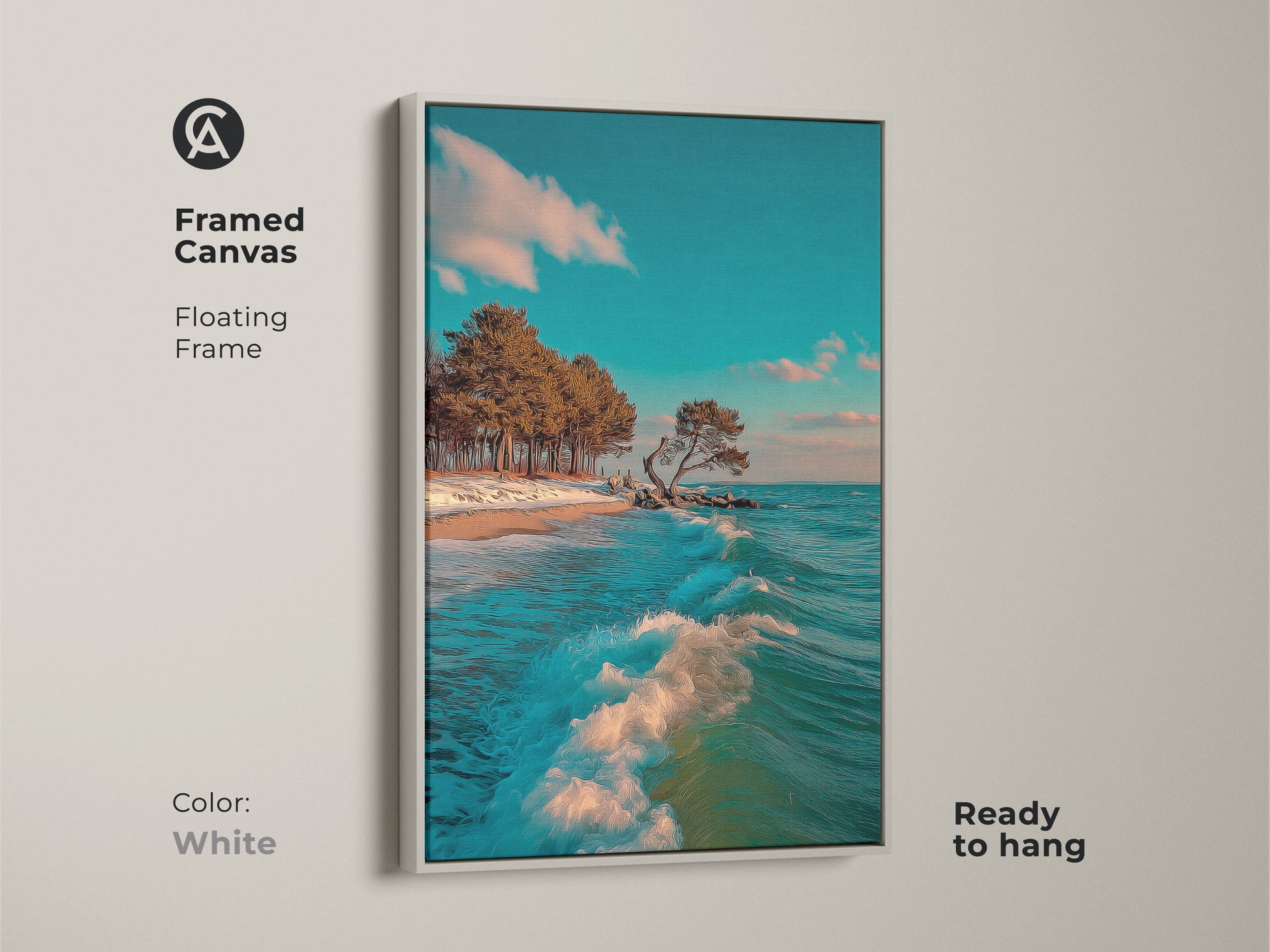Framed canvas art of a teal ocean wave and coastal beach. This artwork features a white floating frame. Ready to hang this piece is perfect for any room. Seaside trees wall decor brings a calming beach vibe. A great choice for beach house decor and nature lovers.