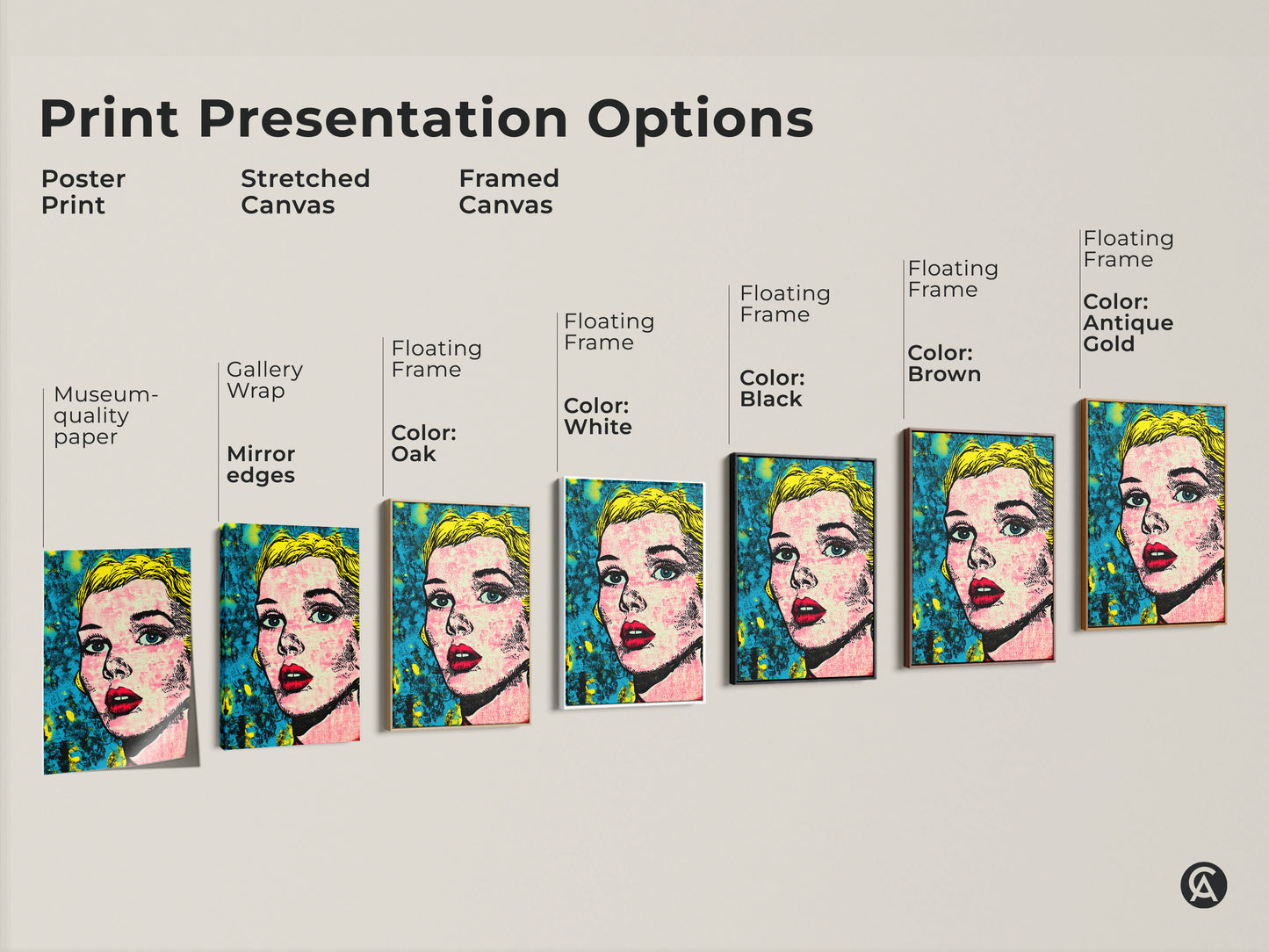 Explore various print options for a pop art portrait of a blonde woman. Choose from poster prints stretched canvas and framed canvas. Museum-quality paper gallery wraps and floating frames are available.