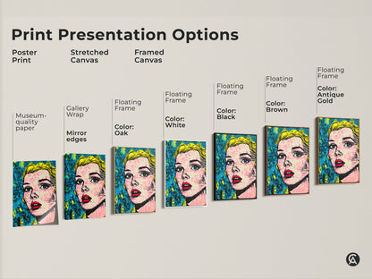 Explore various print options for a pop art portrait of a blonde woman. Choose from poster prints stretched canvas and framed canvas. Museum-quality paper gallery wraps and floating frames are available.