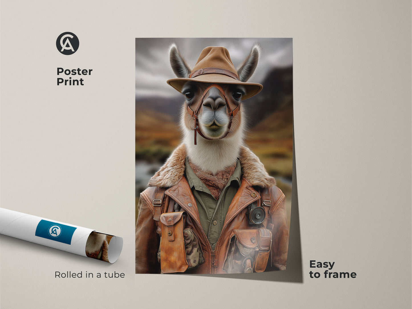 Discover the rustic explorer llama as a poster print. This photorealistic animal art is easy to frame. The earthy tones canvas features a llama in a hat and jacket. This unique animal artwork will add an adventurer theme to your lodge style home. Rolled in a tube for safe shipping.