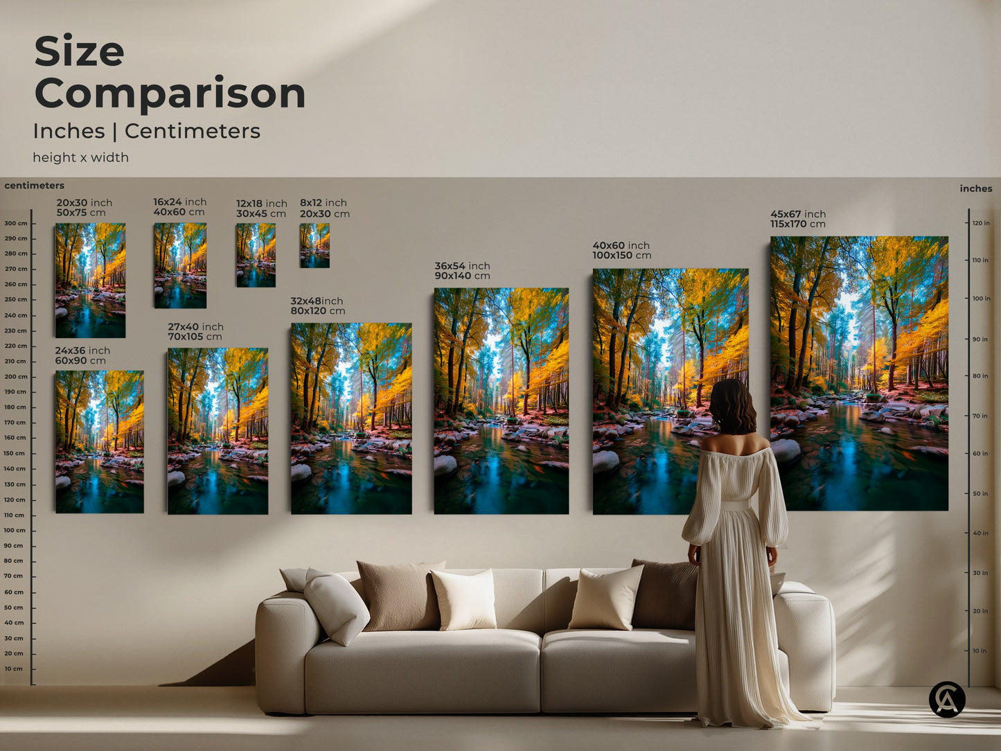 Compare sizes of the forest stream artwork with this detailed guide. See how the artwork scales from small to large in both inches and centimeters. Perfect for planning your gallery wall or statement piece. The flowing stream and golden trees create a serene focal point.