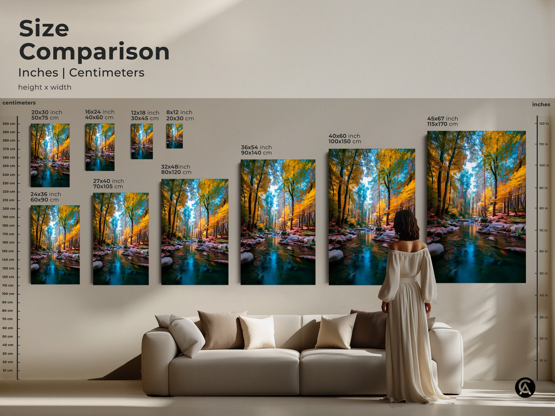 Compare sizes of the forest stream artwork with this detailed guide. See how the artwork scales from small to large in both inches and centimeters. Perfect for planning your gallery wall or statement piece. The flowing stream and golden trees create a serene focal point.