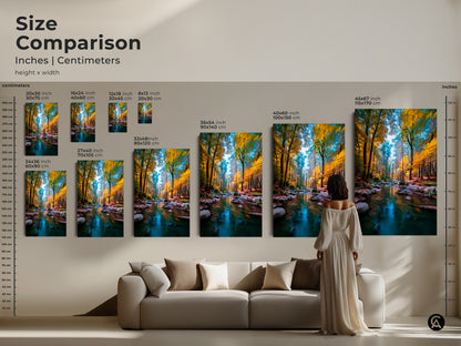 Compare sizes of the forest stream artwork with this detailed guide. See how the artwork scales from small to large in both inches and centimeters. Perfect for planning your gallery wall or statement piece. The flowing stream and golden trees create a serene focal point.