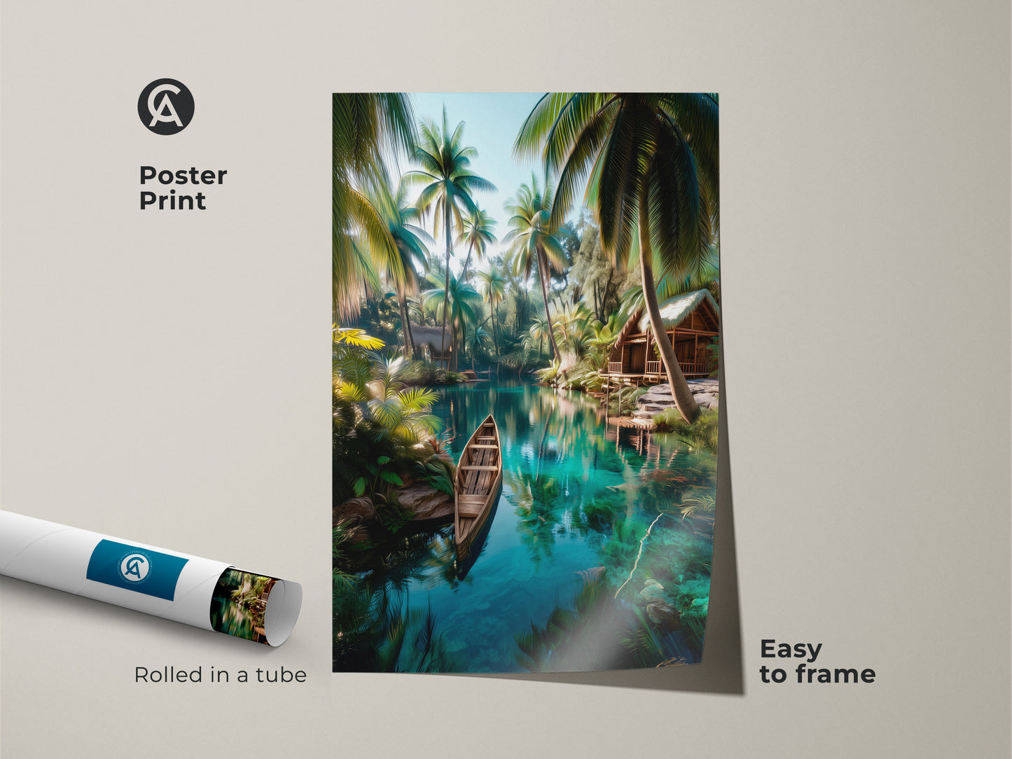 Poster print of a tropical island paradise. The artwork shows a clear lagoon with a boat and lush greenery. Rolled in a tube for easy framing. Add a touch of nature to any room.