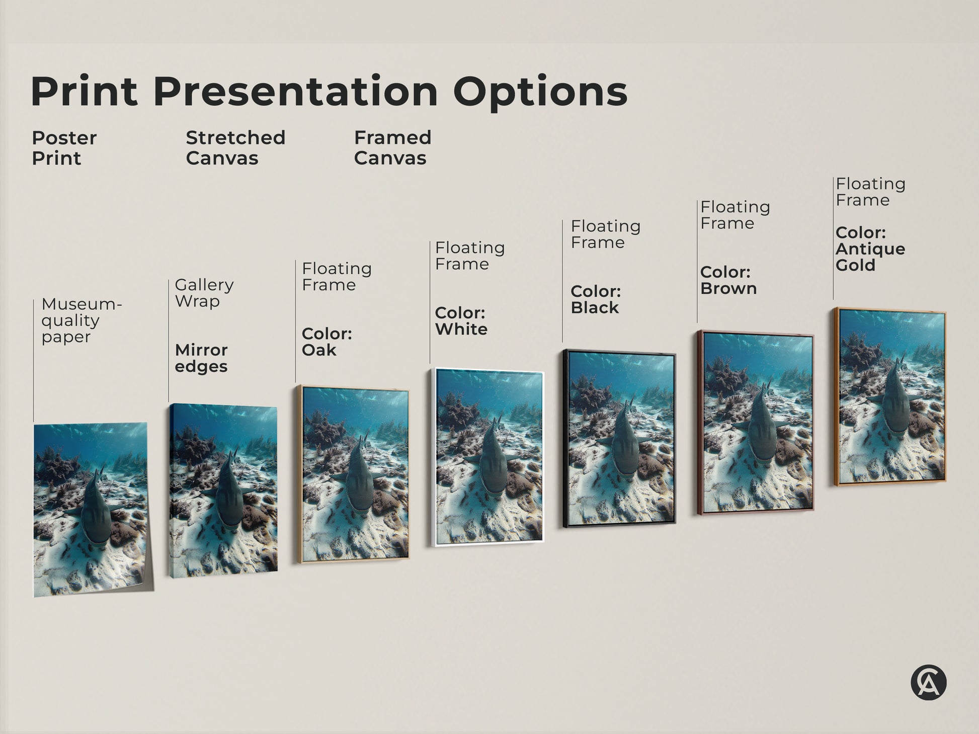 Explore print presentation options for underwater shark artwork. Choose from poster prints stretched canvas and framed canvas. Options include gallery wrap museum quality paper and floating frames in various colors. This wildlife photography print is perfect for adding a touch of the ocean to any space.