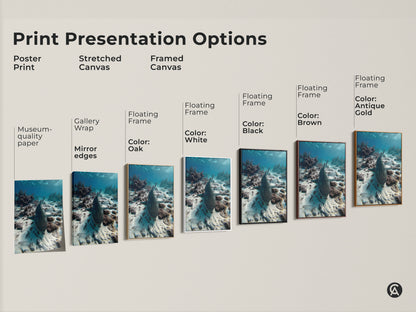 Explore print presentation options for underwater shark artwork. Choose from poster prints stretched canvas and framed canvas. Options include gallery wrap museum quality paper and floating frames in various colors. This wildlife photography print is perfect for adding a touch of the ocean to any space.