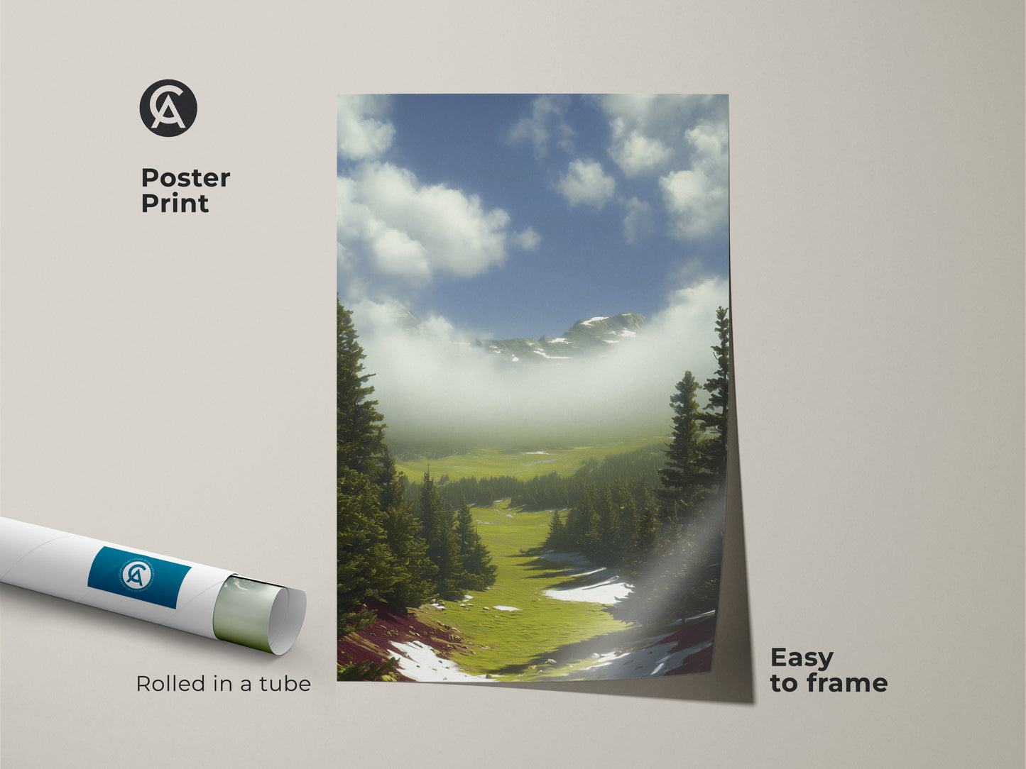 Poster print of a blue sky pine tree artwork. The rolling hills landscape art comes rolled in a tube for easy framing. It is a perfect modern farmhouse landscape for nature-inspired wall decor.