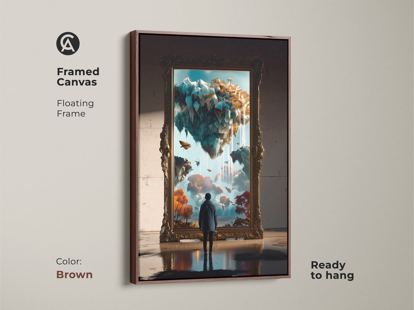 Framed canvas art featuring floating islands and a portal. The floating frame is in brown. This piece is ready to hang. It is a unique surrealism-inspired wall art.