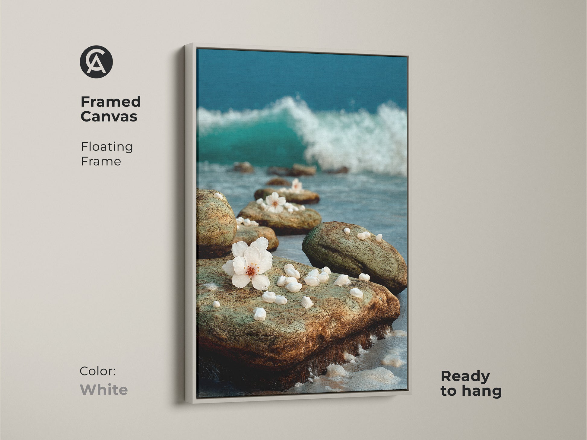 White framed canvas art featuring an ocean wave and beach rocks. Cherry blossoms add a delicate touch. Ready to hang. This coastal wall art complements any decor. Ideal for beach lovers.