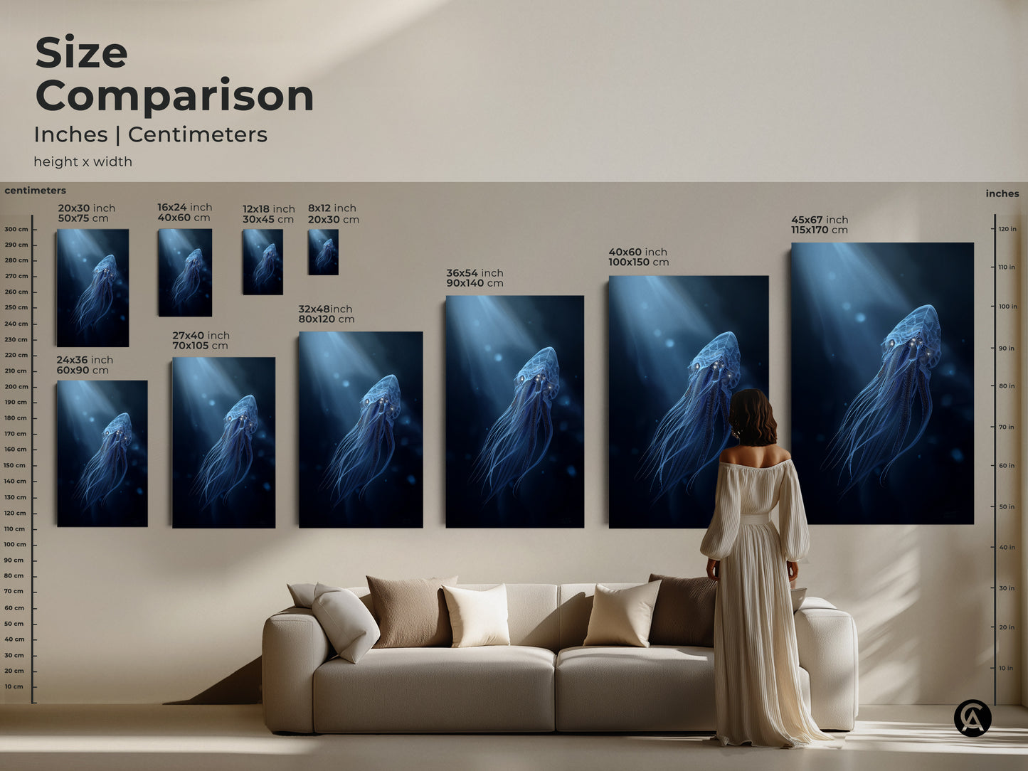 Size comparison of surreal jellyfish canvas prints. Sizes range from 16x24 inch to 45x67 inch. Electric blue and cyan ocean art shown in various dimensions. Perfect wall art for ocean lovers.