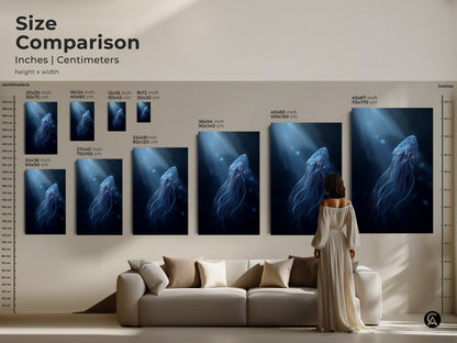Size comparison of surreal jellyfish canvas prints. Sizes range from 16x24 inch to 45x67 inch. Electric blue and cyan ocean art shown in various dimensions. Perfect wall art for ocean lovers.