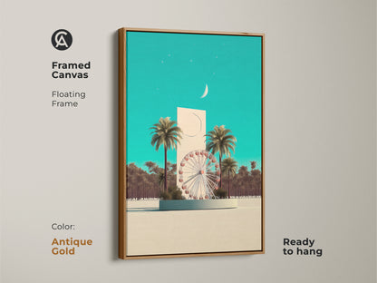 Framed canvas art in antique gold. It shows a surreal Ferris wheel with palm trees. The teal sky and beige tones are neutral. Ready to hang to display. Coastal aesthetic wall art.