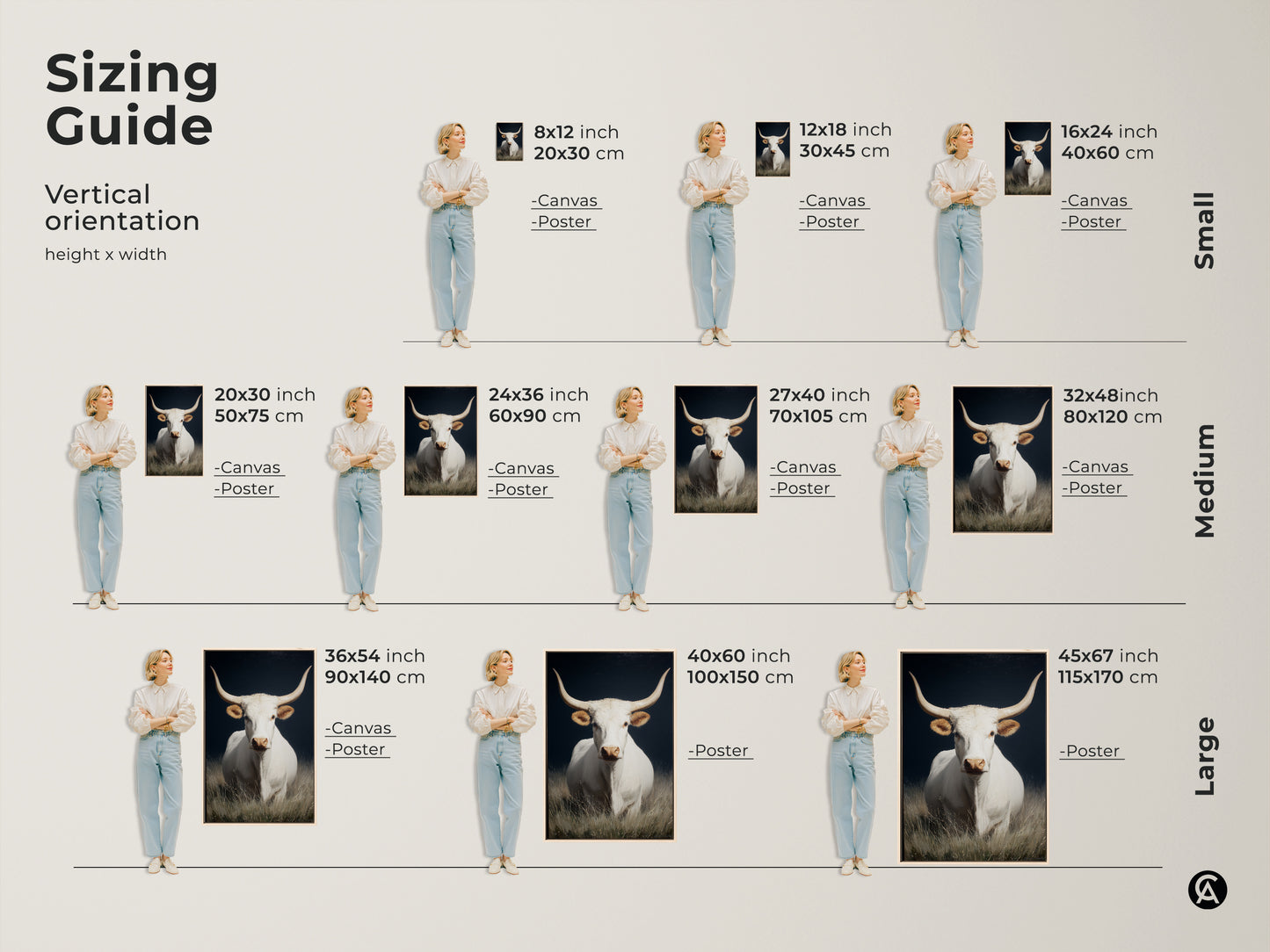 Sizing guide for vertical white longhorn cow artwork. Available in small medium and large sizes. Options include canvas and poster prints. Find the perfect fit for your farmhouse rustic wall art. This western animal canvas art enhances any room. Select the ideal size for your space.
