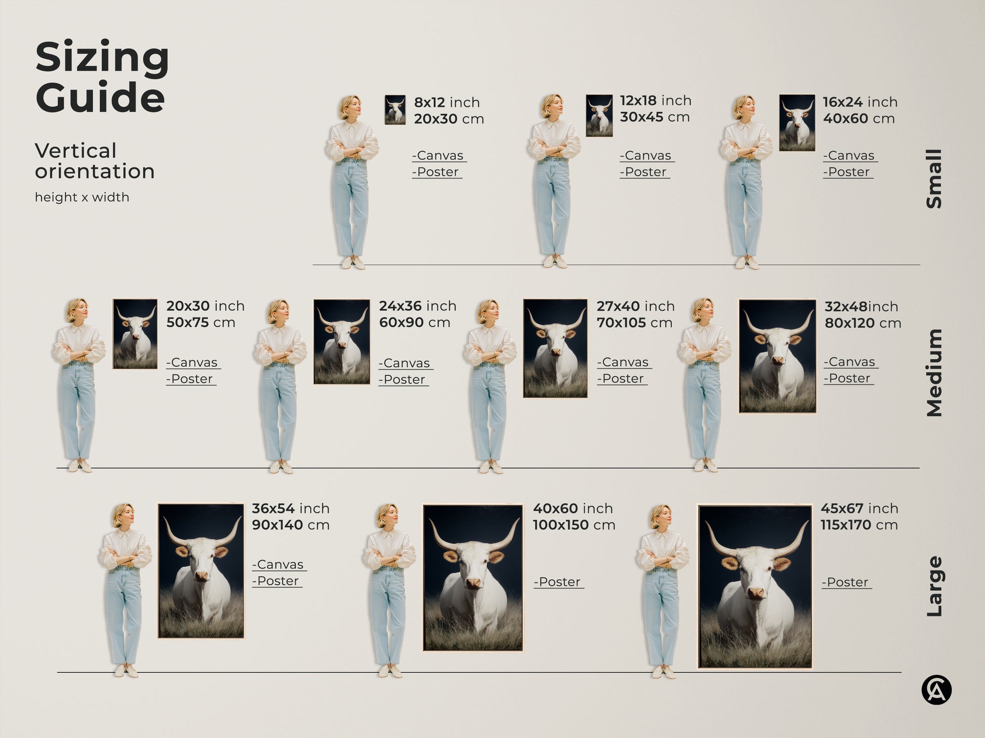 Sizing guide for vertical white longhorn cow artwork. Available in small medium and large sizes. Options include canvas and poster prints. Find the perfect fit for your farmhouse rustic wall art. This western animal canvas art enhances any room. Select the ideal size for your space.