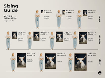 Sizing guide for vertical white longhorn cow artwork. Available in small medium and large sizes. Options include canvas and poster prints. Find the perfect fit for your farmhouse rustic wall art. This western animal canvas art enhances any room. Select the ideal size for your space.
