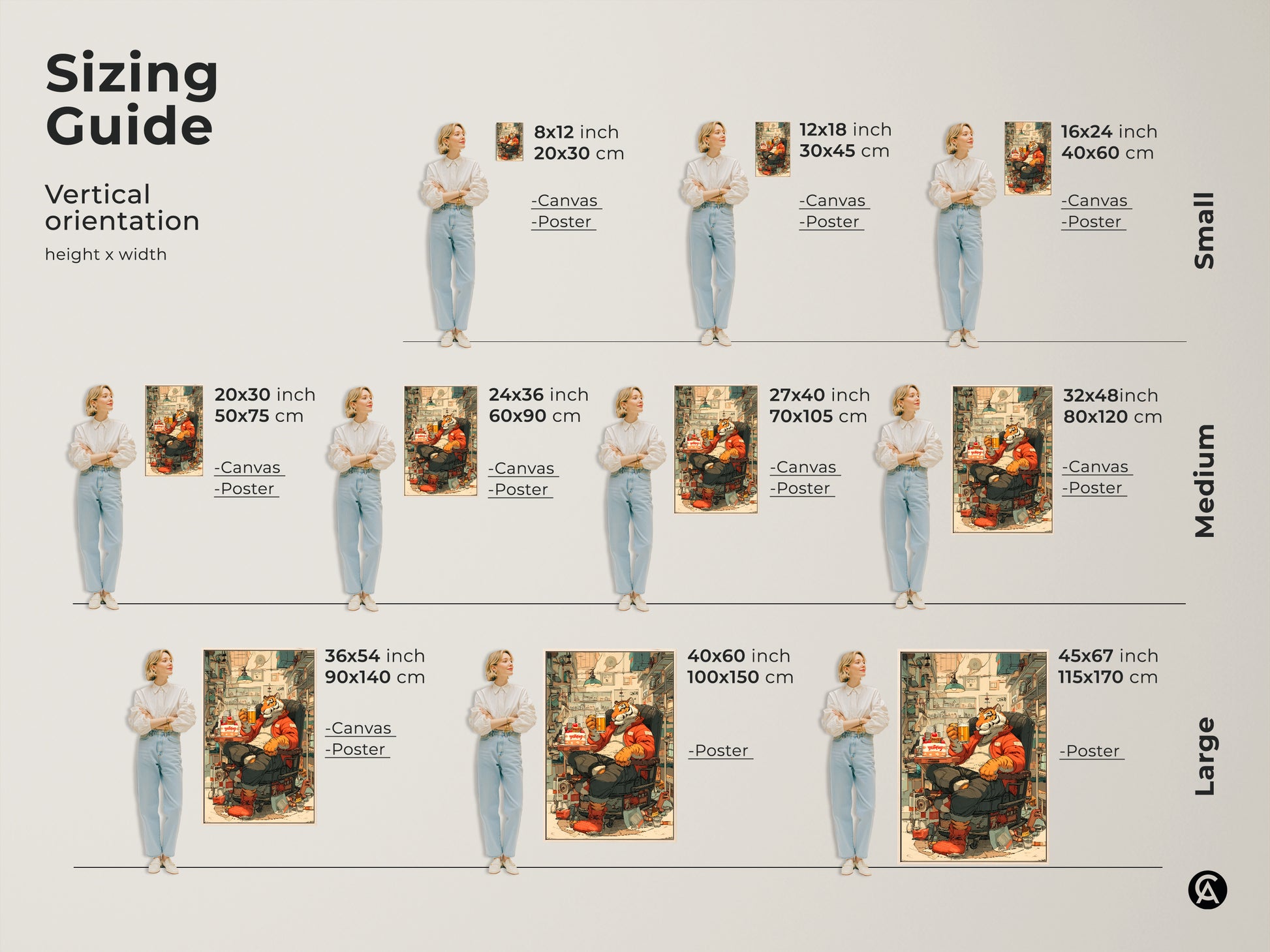 Sizing guide for vertical tiger artwork. Available as canvas or poster in small medium and large sizes. This funny tiger art print makes an excellent birthday gift for him. It's perfect for office wall decor.