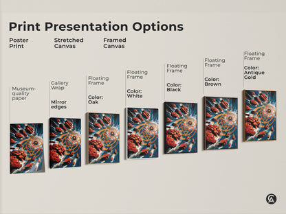 Print presentation options for contemporary abstract art. Poster print stretched canvas and framed canvas versions displayed. See options in floating frames with oak black brown antique gold and white