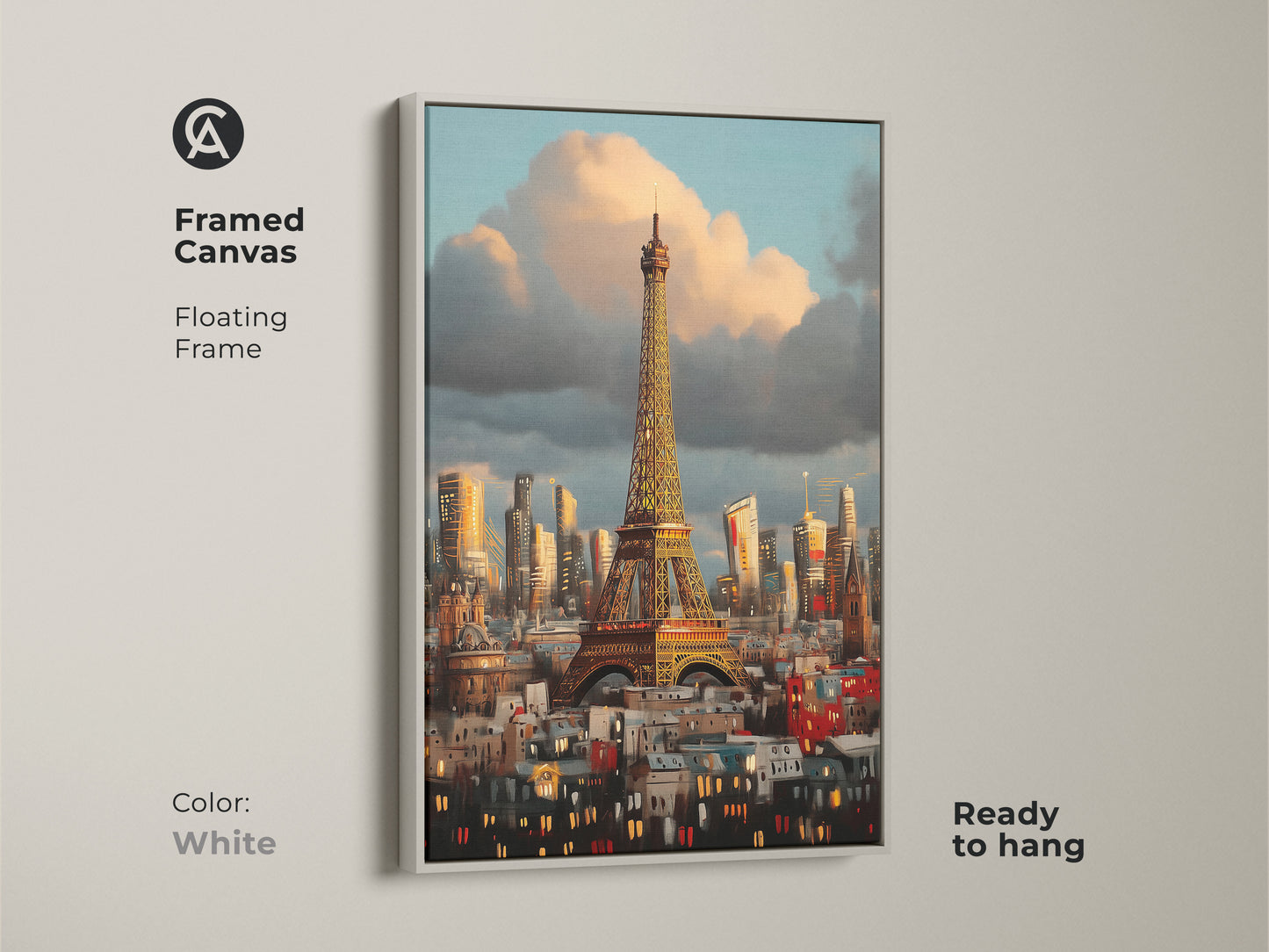 Framed canvas of the Eiffel Tower artwork with a floating white frame. Ready to hang Impressionist cityscape art print. A contemporary artwork in blue orange and golden yellow tones of Paris.