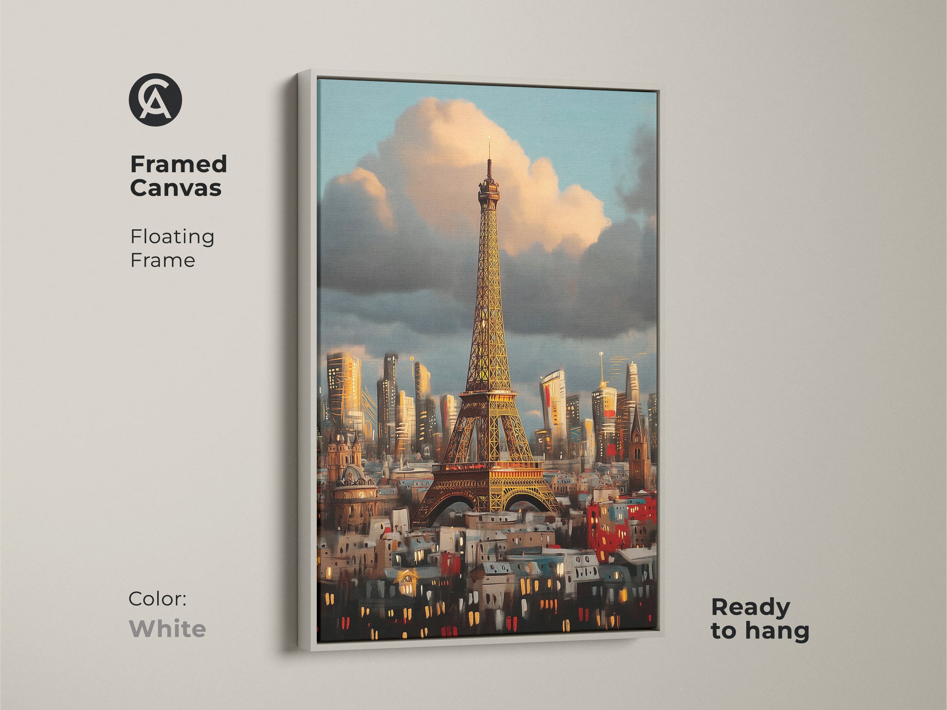 Framed canvas of the Eiffel Tower artwork with a floating white frame. Ready to hang Impressionist cityscape art print. A contemporary artwork in blue orange and golden yellow tones of Paris.